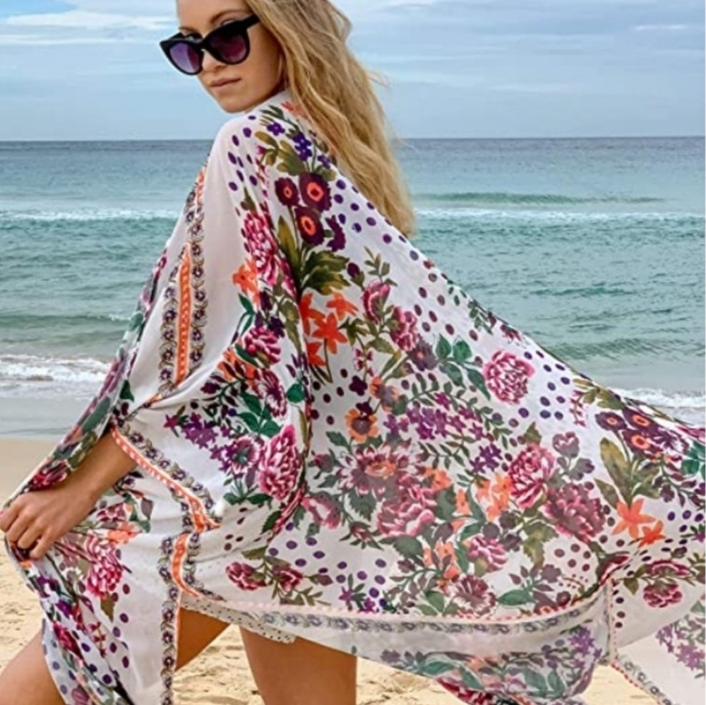 Cupshe White Floral Print Midi Side Slip Chiffon Cover Up Cardigan Kimono - Picture 4 of 7